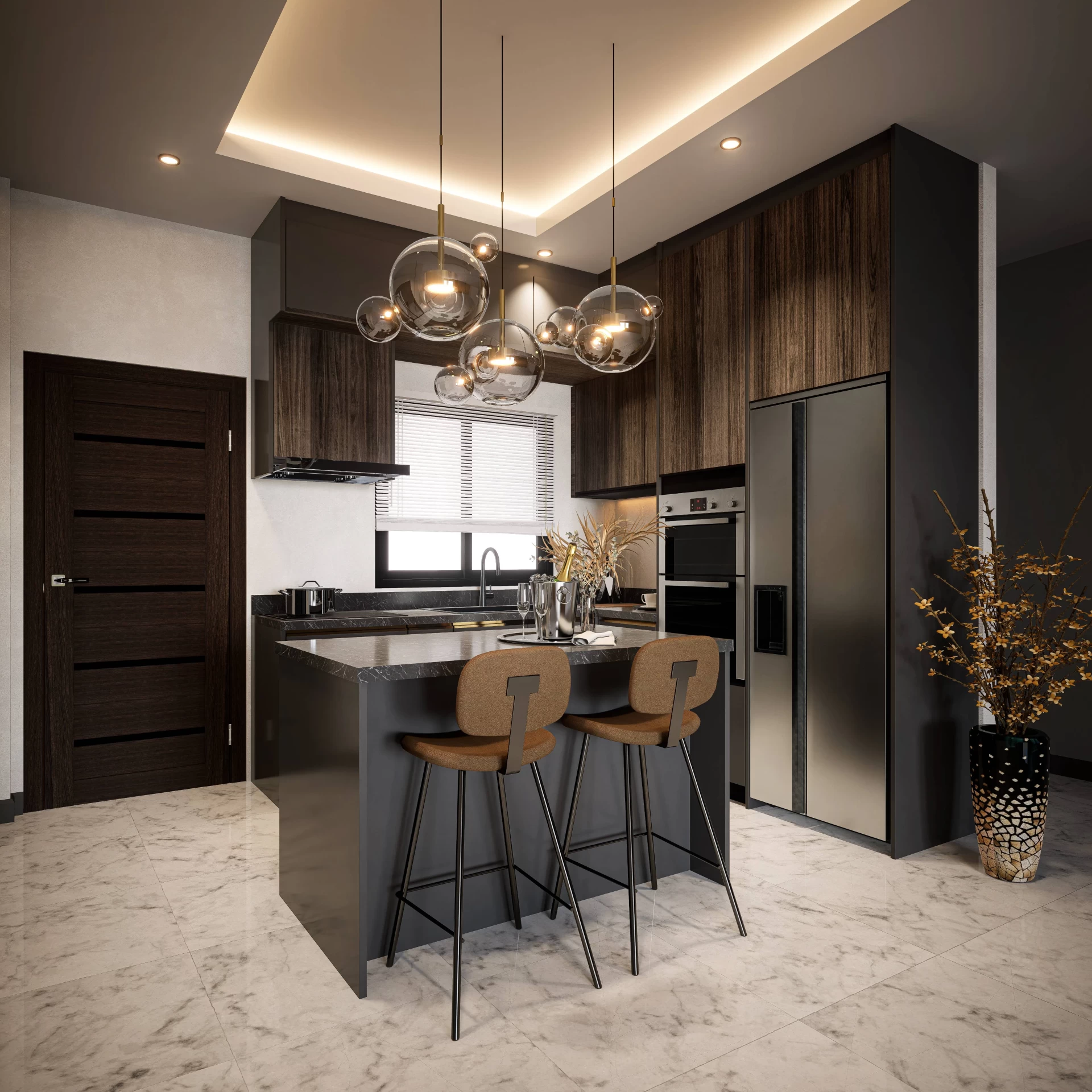 Island Kitchen with Dark Gray Cabinets and Wood - Durá Kitchen